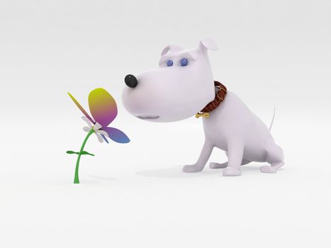 Dog, flower and butterfly on a white background