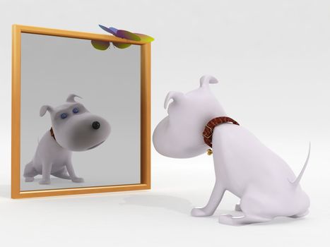 Dog and mirror on a white background