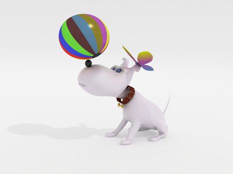 Dog, ball and butterfly on a white background