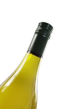 The kneck of a bottle of white wine with a green screw top, set on an isolated background at a forshortened angle.