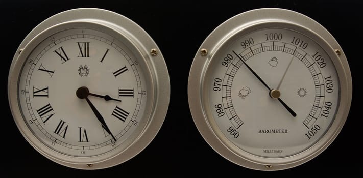 Clock and Barometer pair in isolation on black