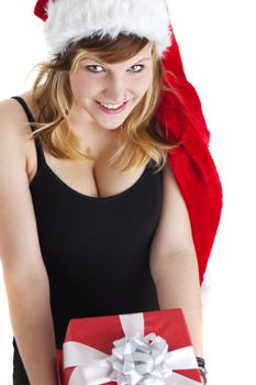 woman holding a christmas gift isolated on white