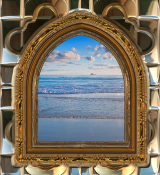 gothic or science fiction window looking onto a beautiful beach