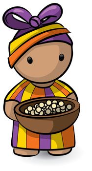 An african woman holding a bowl of food in plentiful supply. 
