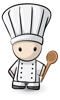 A small chef holding a spoon and ready to cook. 