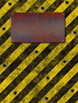 old grungy yellow warning sign with rusted metal plaque and bulletholes