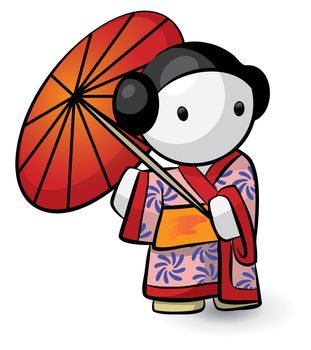 A little geisha holding an umbrella and looking cute. 