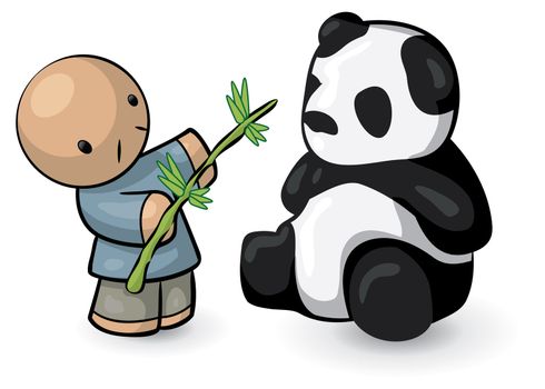 A chinese man feeding a panda bamboo and making friends with him. 