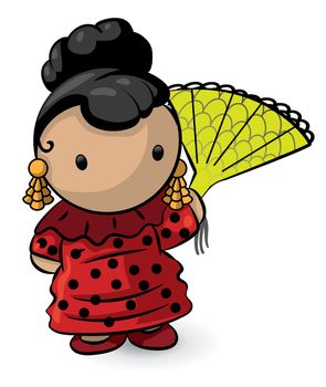 A spanish girl with red dress holding a fan. Cute. Her name is Margarita.
