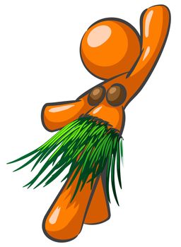 An orange woman doing the hula and dancing. 