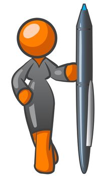 An orange woman holding a very large pen.