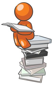 A design mascot sitting on books educating himself.