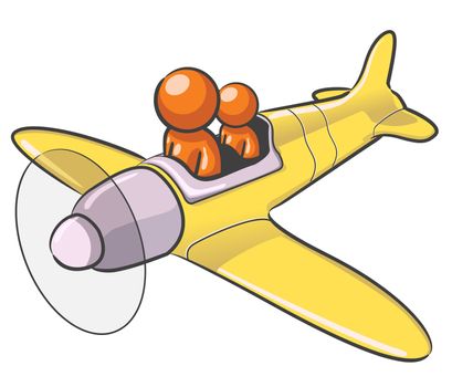 A design mascot flying an airplane.