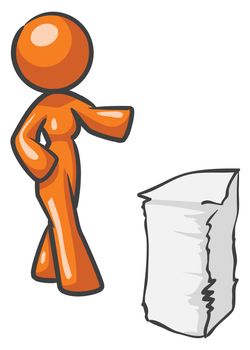 Design mascot woman with large stack of papers.