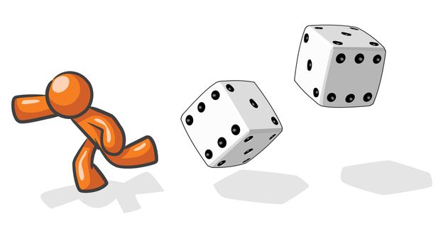 A design mascot running from giant dice, based on the saying "victim of chance".