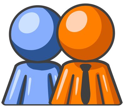 Blue and orange man standing side by side as a team. 