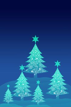 Blue christmas tree with night sky background, Greeting card background