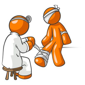 A vector illustration of an orange doctor treating an orange man who is very accident prone. 