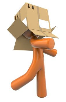 A 3d Orange man with a box on his head, walking, looking confused. 