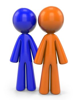 An orange and blue man standing side by side. They can be friends or coworkers!