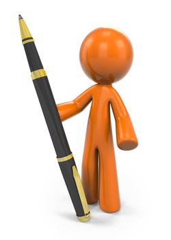 3D Orange Man Holding A Pen; 