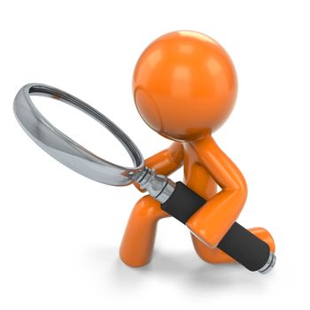 3D Orange Man Kneeling Down Looking Through A Magnifying Glass; 