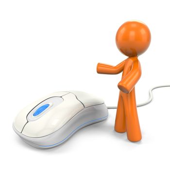 3D Orange Man Modelling/Displaying White Computer Mouse; 