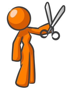 An orange woman with scissors presumably ready to cut something.