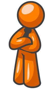 An orange man standing up in good posture crossing his arms in a professional manner.