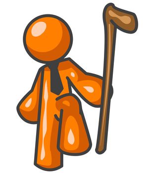 An orange man with a tie on holding a walking stick, an authoritative pose.