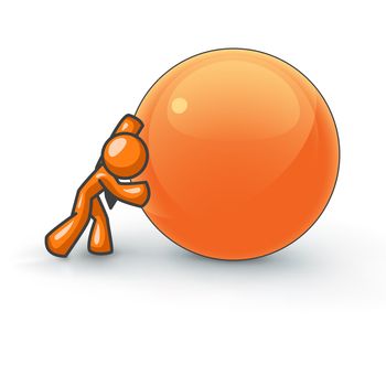 An orange man pushing a large ball, expending much effort.