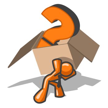 An orange man carrying a box with a large question mark in it. 
