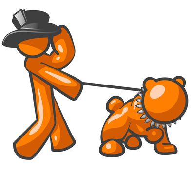 An orange man with a top hat walking a bulldog.