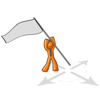 An orange man sticking a flag in the ground to claim his territory. 