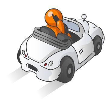An orange man driving a car while talking on a cellular phone, which is illegal in many areas. 