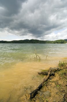 Piece of wood in lake with stormy clouds