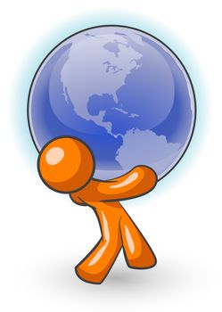 An orange man carrying a large globe, holding the weight of the world!