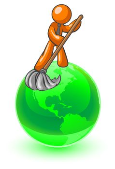 An orange man on top of the earth cleaning it up. 