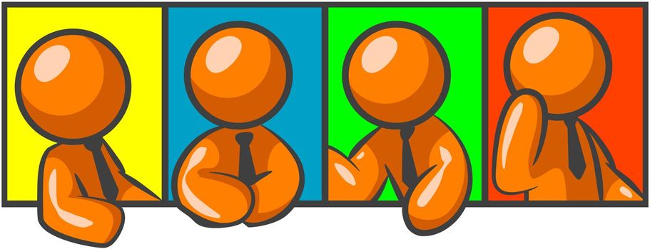Orange men in a row looking social. Backgrounds of Yellow, Blue, Green, and Red. 