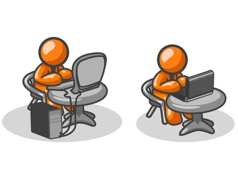 Two orange men on two computers, one  a laptop, and the other a tower. 