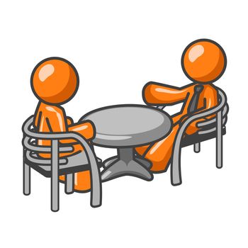 Two orange men at a table consulting over matters. 