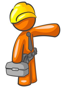 An orange man construction worker presenting something. 