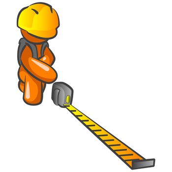 An orange man construction worker holding out a tape measure and measuring something on your design. 