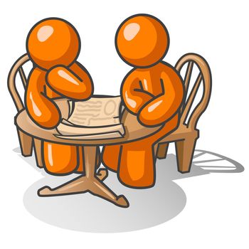 Two orange men at a wooden table pondering a problem together.