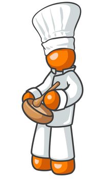 An orange man cook creating a special recipe while looking at the viewer. 