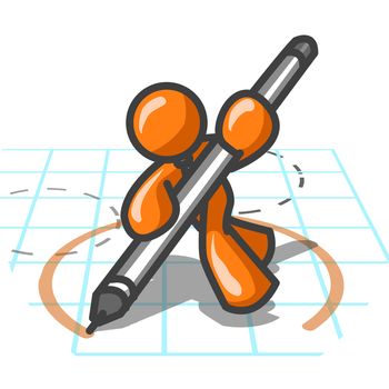 An orange man with a mechanical pen laying down circles for a design.