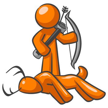 Orange Man standing behind a dead deer with his bow and arrow. 