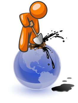 An orange man aggressively digging for oil on top of the globe. See the aweful mess of the earth he is making!