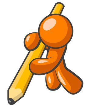 An orange man drawing with a large pencil.