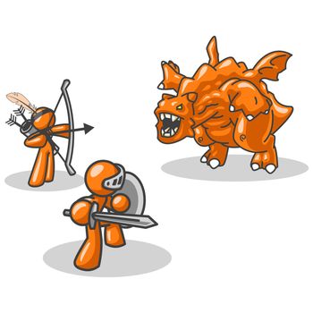 Two orange men fighting  a dragon. A cute concept that can represent how to approach a challenge or the size of the adversary. 